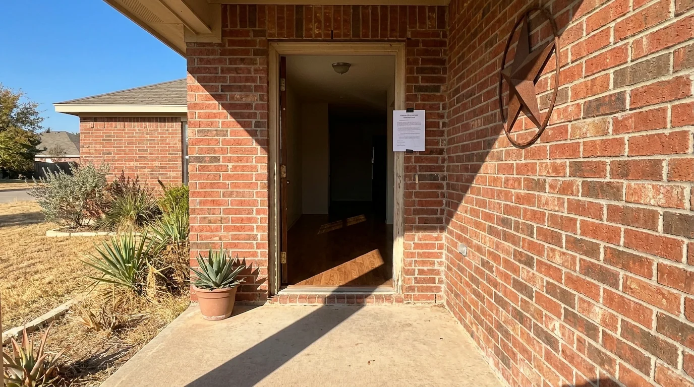 A posted eviction notice on the doorframe of a Texas brick home, with a Lone Star wall emblem beside the open front door.