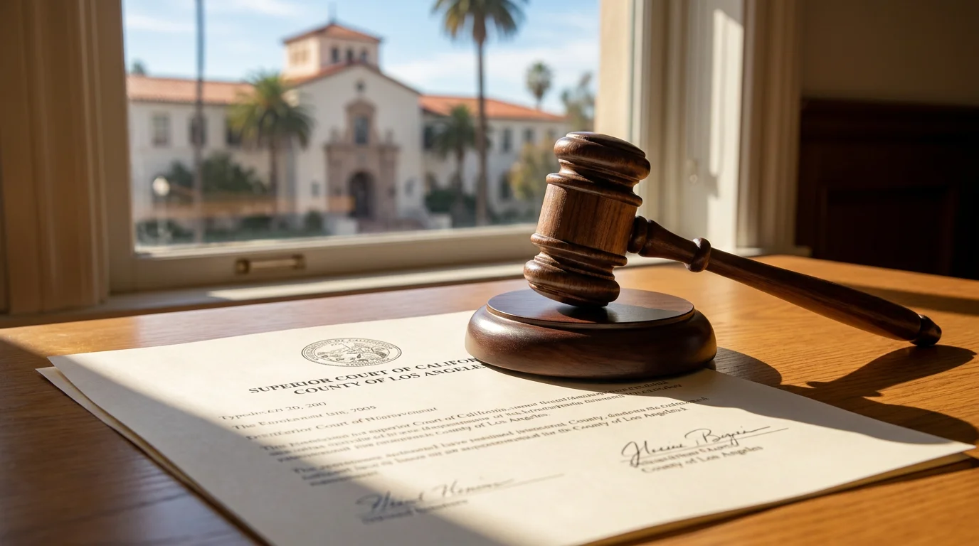 A California Superior Court unlawful detainer document and a gavel on a desk, with a Los Angeles County courthouse visible through the window.