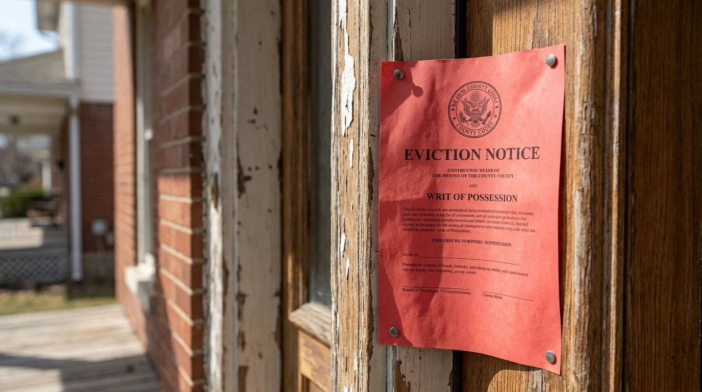 A red eviction notice and writ of possession posted on the weathered wooden door of a rental home, echoing Ohio's red tag set-out notice.