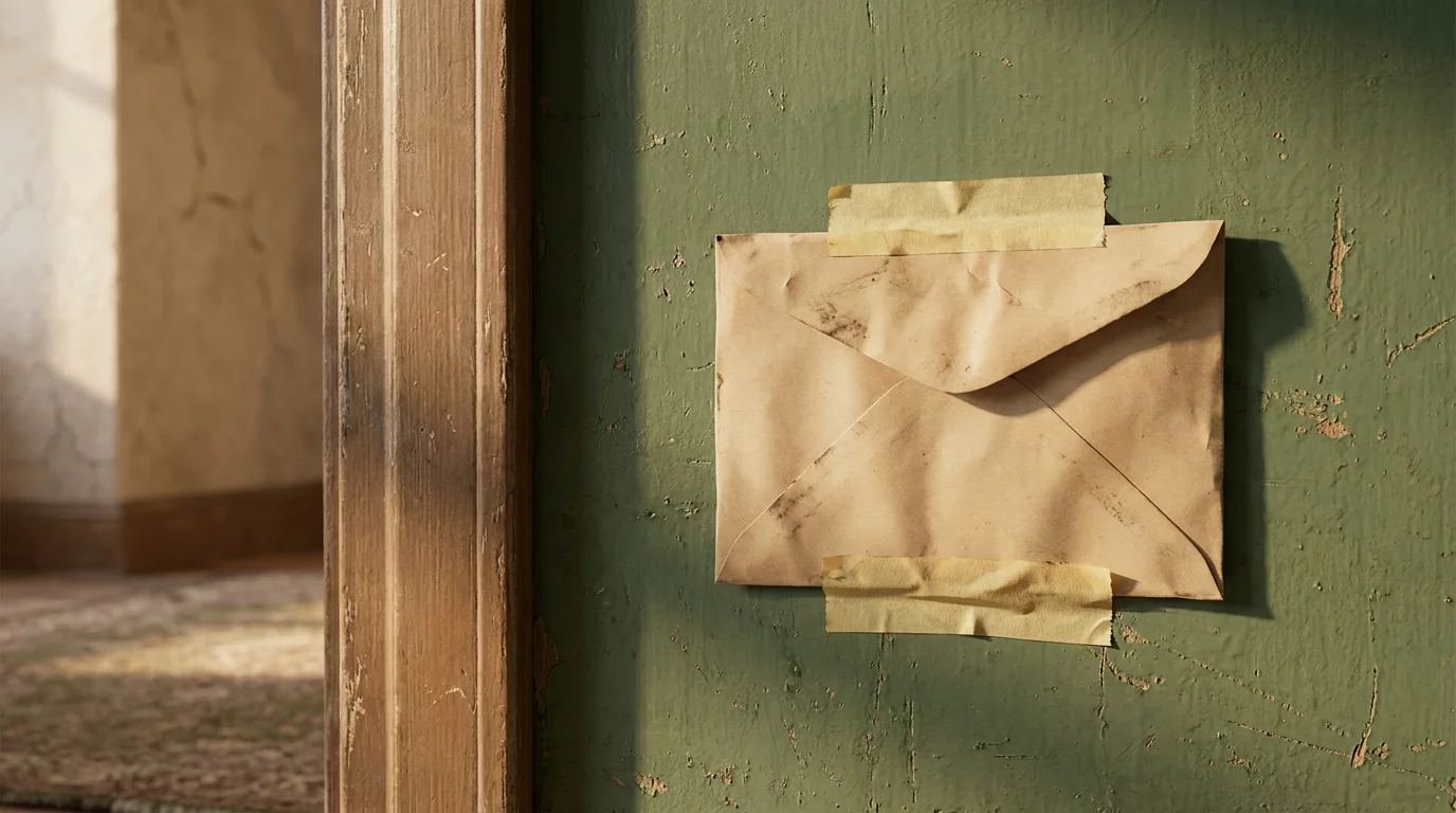 A sealed manila envelope taped conspicuously to a doorway wall, echoing Georgia's requirement to post the demand for possession in a sealed envelope on the door.