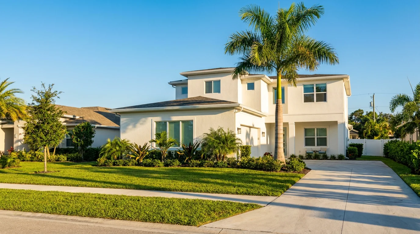 A modern two-story stucco single-family home in Florida with palm trees and a manicured lawn, the kind of property investors buy to rent.