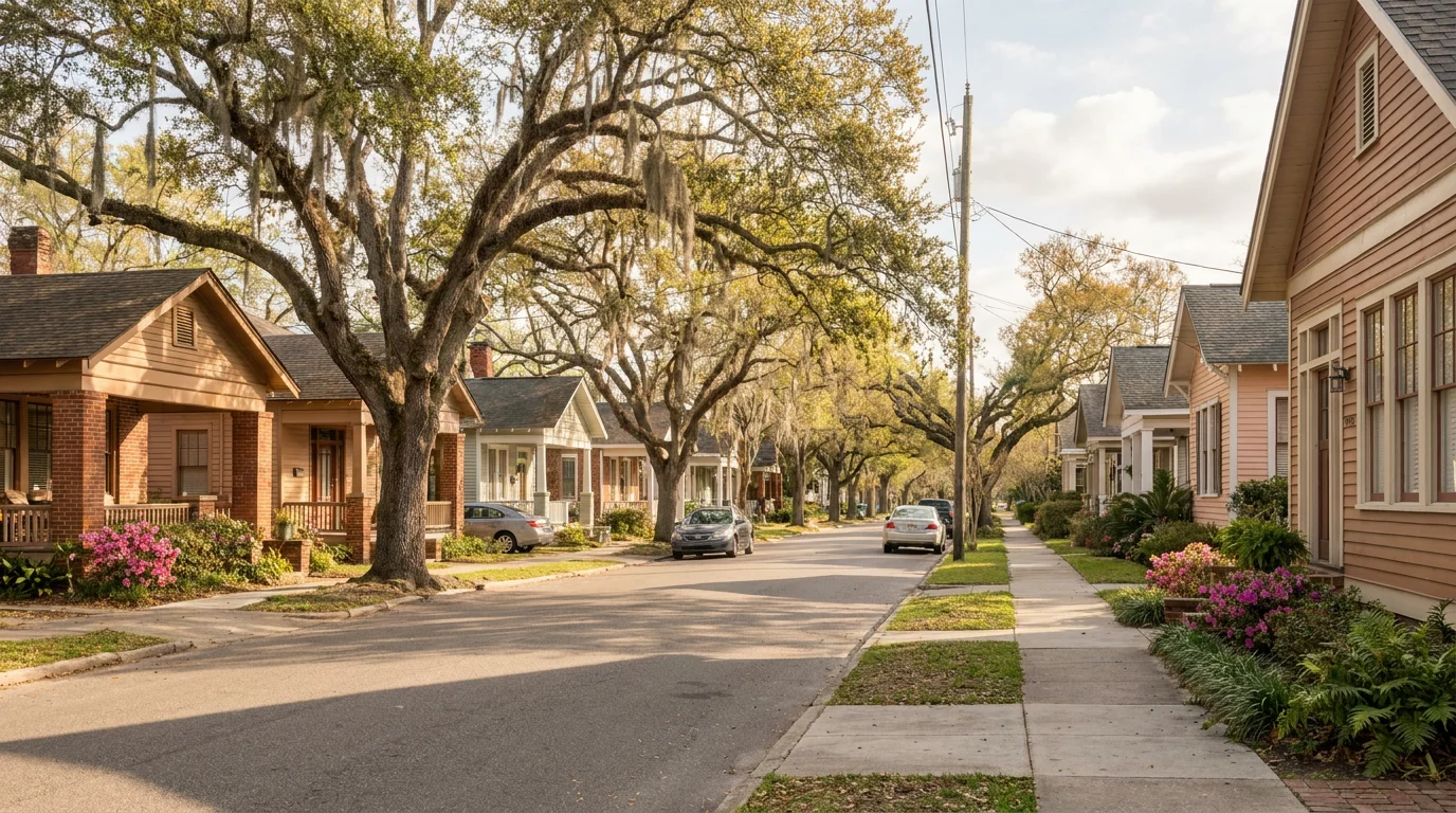 A tree-lined residential street in Louisiana with craftsman and shotgun-style homes, live oaks draped in Spanish moss, and blooming azaleas, the kind of neighborhood rental investors buy into.