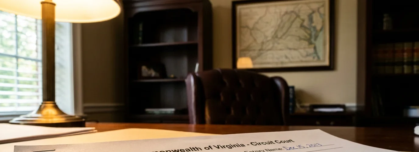 A Virginia Circuit Court eviction document on a law-office desk, with a framed map of Virginia and legal books in the background.