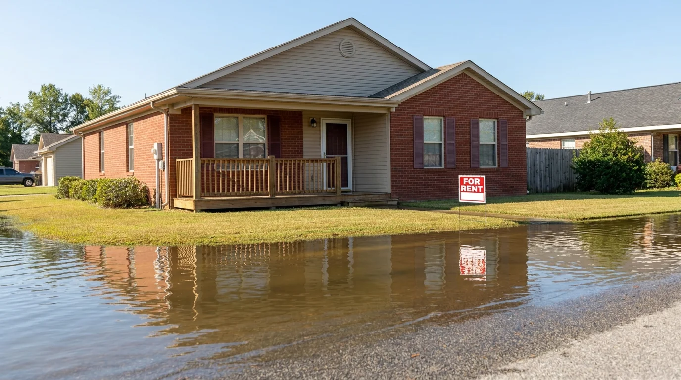 A single-family brick rental home with a 'For Rent' sign and floodwater covering the front yard, the kind of Florida flood risk landlord insurance addresses.