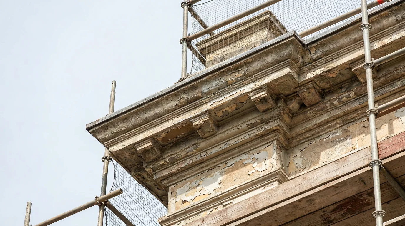 The weathered cornice of a pre-war New York apartment building under scaffolding during a facade restoration, the kind of older rent-regulated building this guide covers.