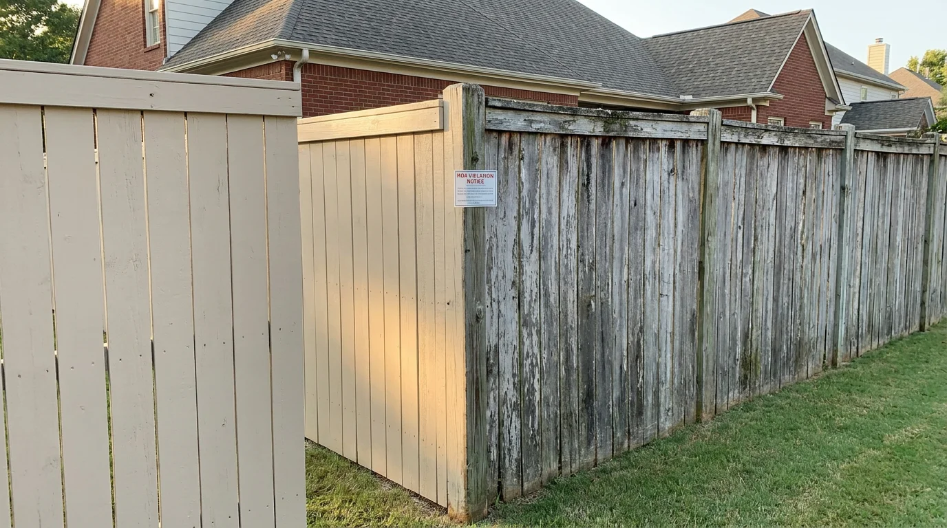 A suburban backyard privacy fence, half freshly painted and half weathered gray, with an HOA violation notice posted on it and brick homes behind, illustrating HOA rule enforcement.