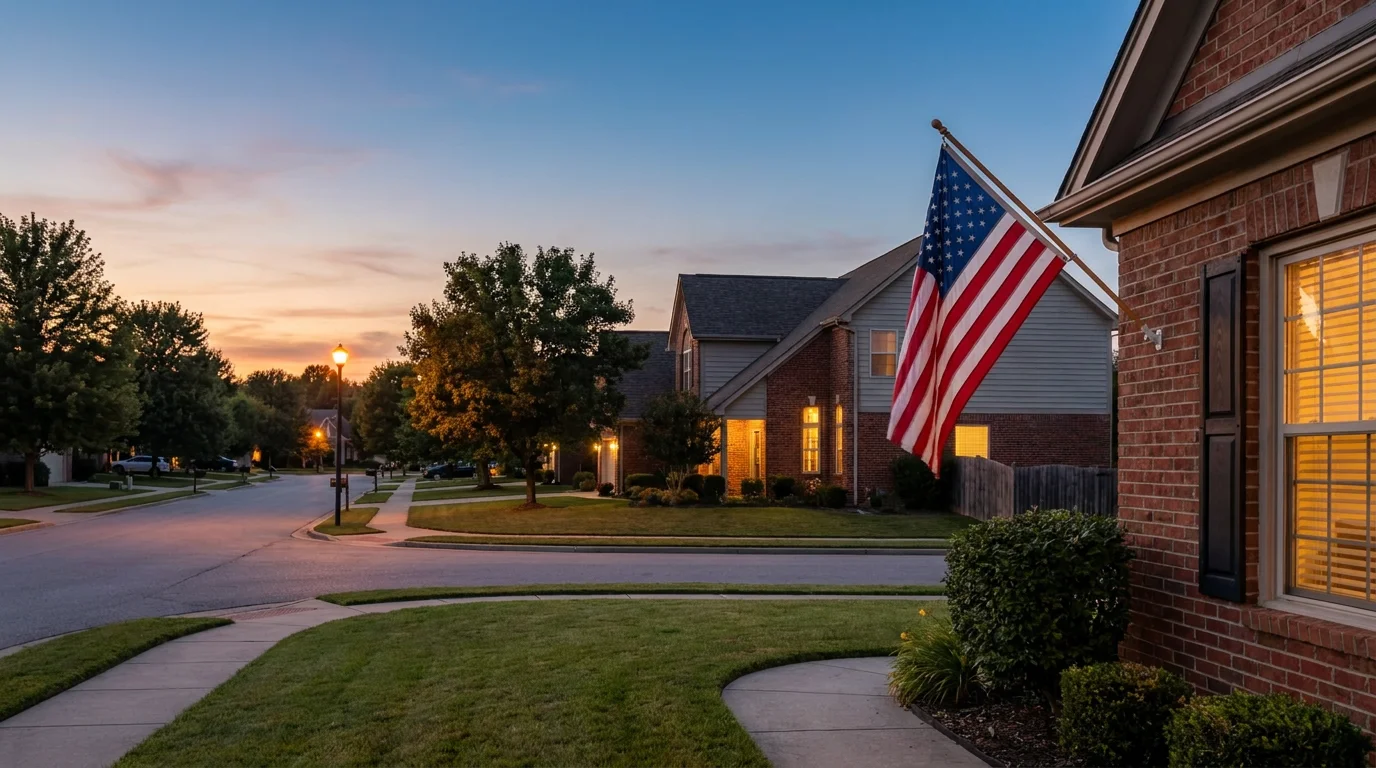 A tidy suburban HOA neighborhood at dusk with brick homes, manicured lawns, and a U.S. flag mounted on a front porch, the kind of community governed by Idaho HOA rules.