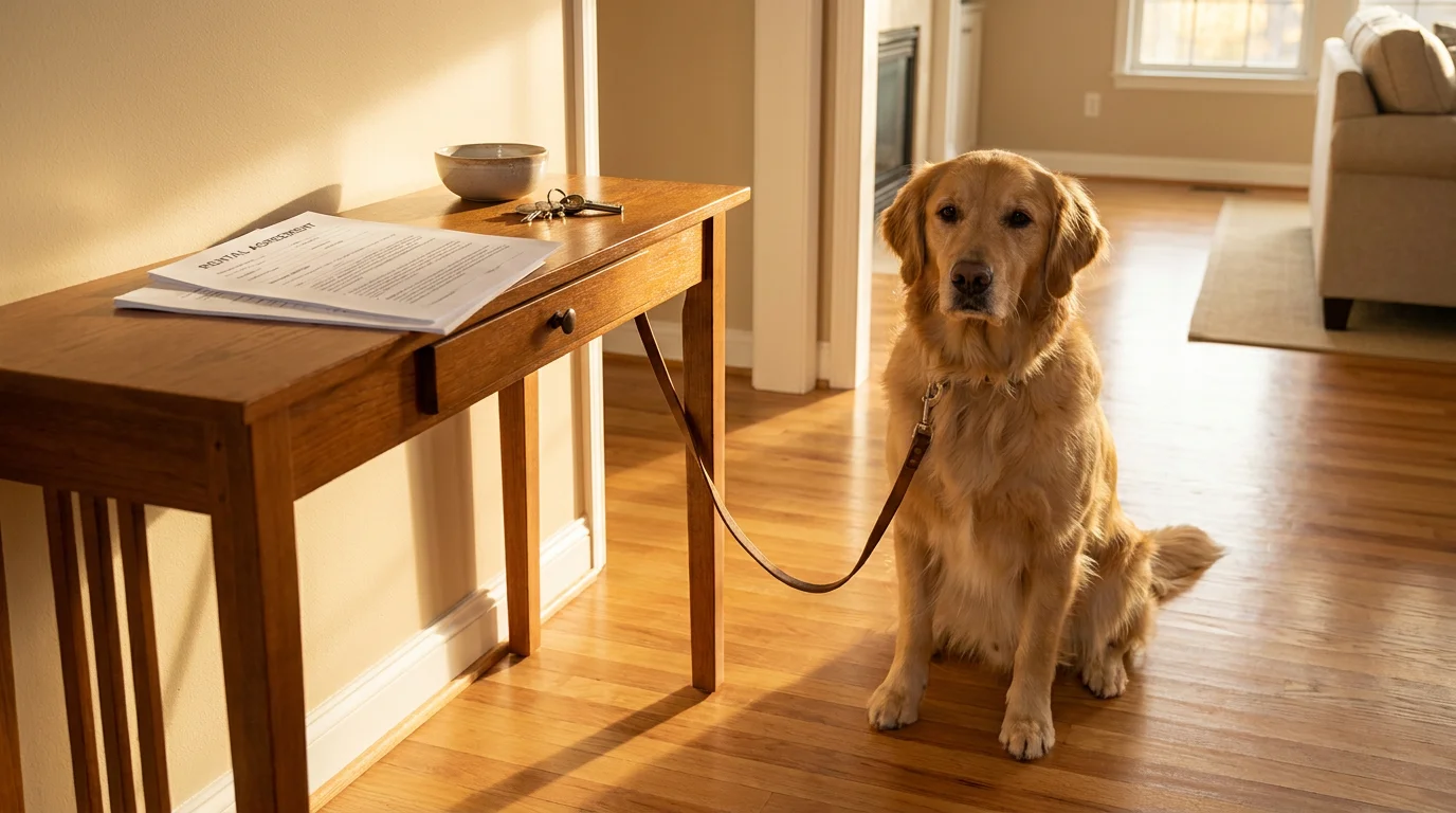 A golden retriever on a leash sitting in a sunlit rental home entryway beside a console table holding a rental agreement, keys, and a pet bowl, illustrating pet policies in California rentals.