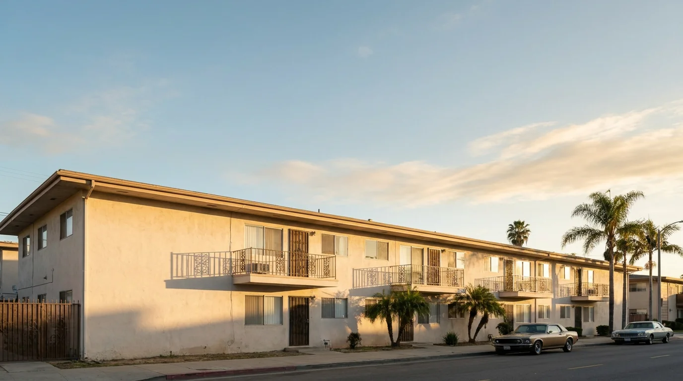 A classic mid-century two-story stucco apartment building in Long Beach, California at golden hour, with palm trees and cars parked along the street, representing the local rental market.