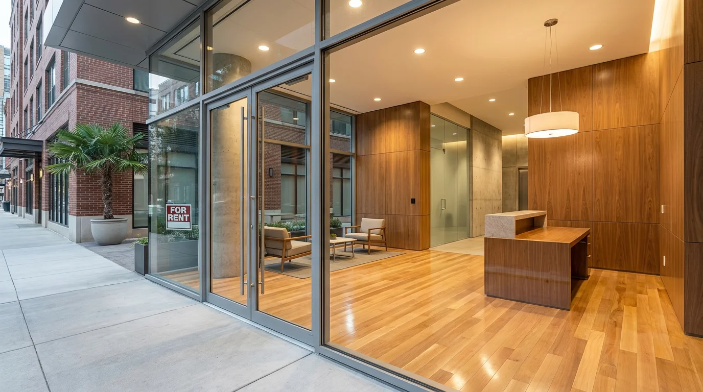 A modern Houston apartment building's glass-front leasing lobby with a 'For Rent' sign in the window, warm wood interior, and a palm tree on the sidewalk, representing the local rental market.