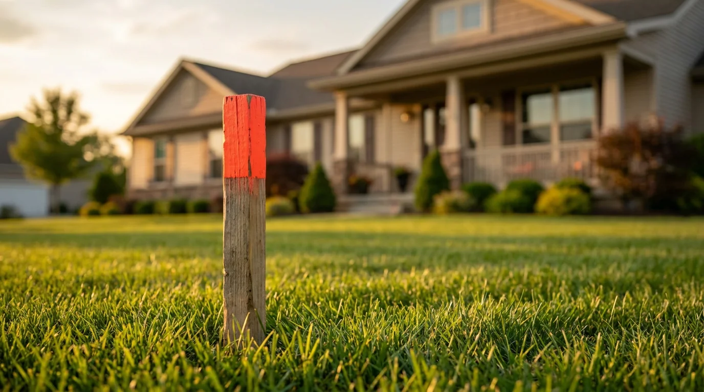 A red-topped property survey stake in the manicured front lawn of a craftsman-style suburban home at golden hour, representing lot boundaries in a North Carolina HOA community.