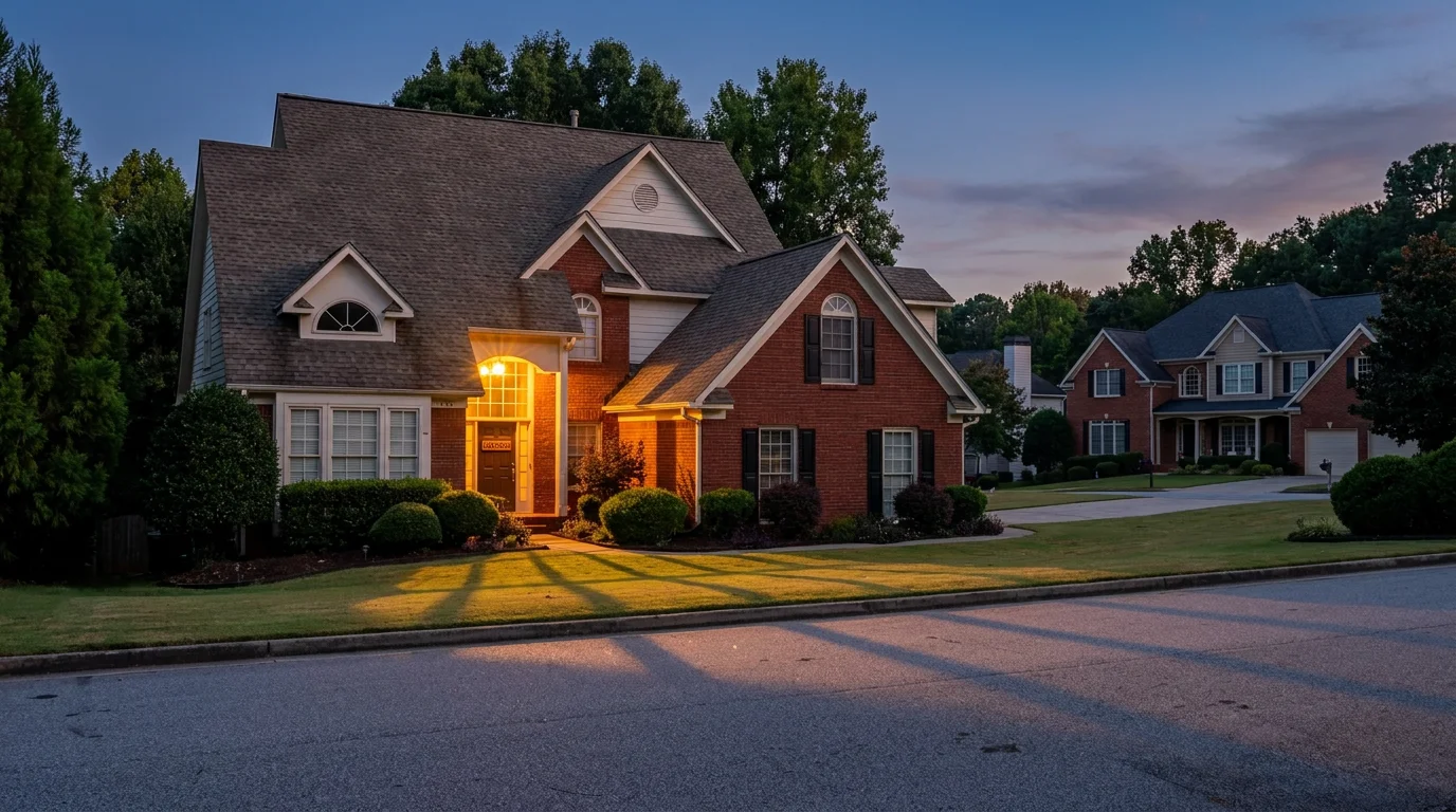 A large brick suburban Atlanta home lit warmly at dusk with a manicured lawn and neighboring houses, the kind of property operated as a short-term rental.