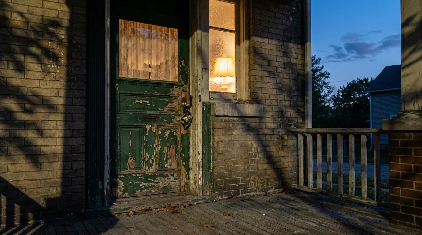 Vacant brick house at dusk with a peeling green front door and a lamp glowing in the window, evoking an unauthorized occupant in an Ohio rental