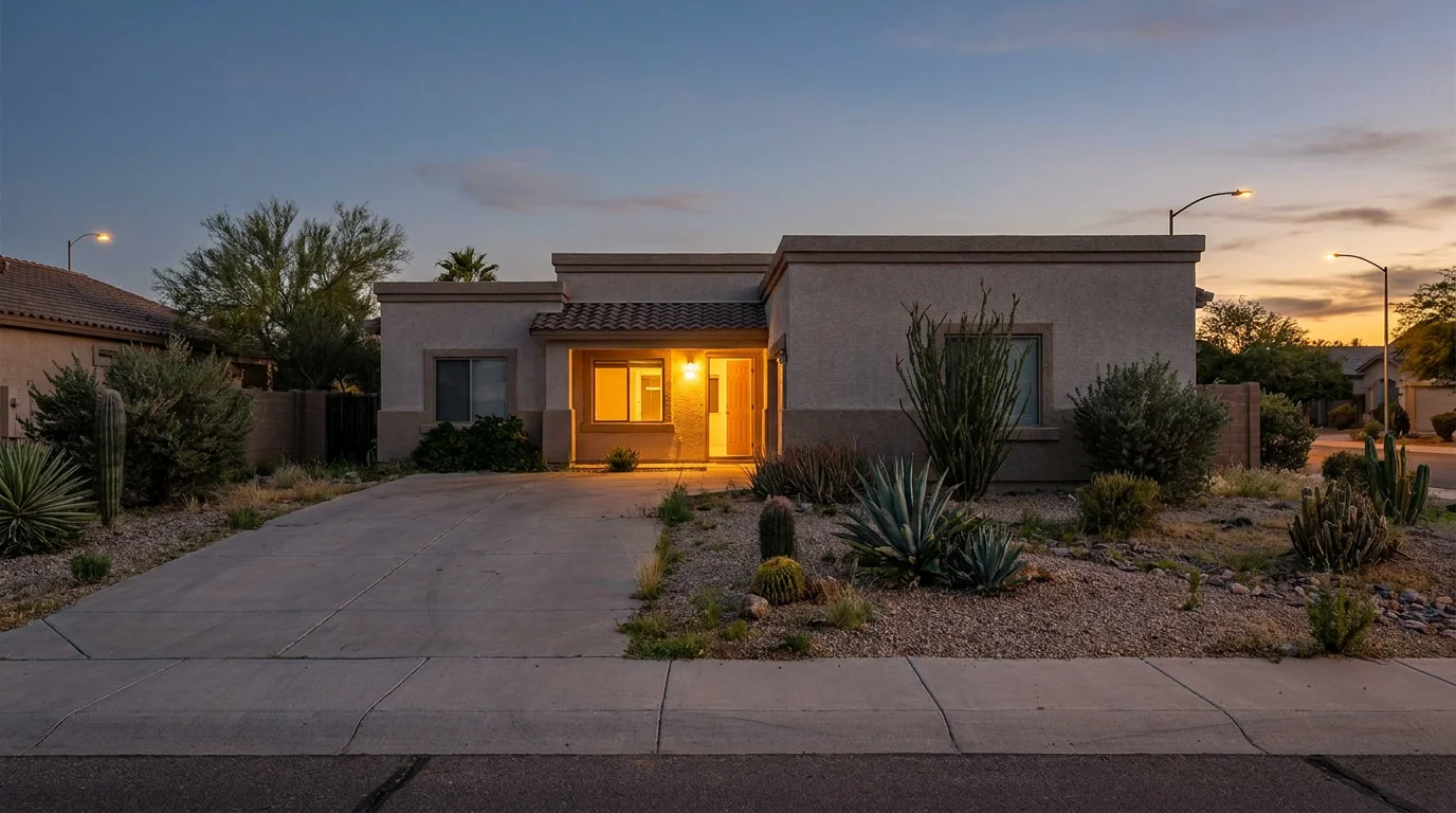 Single-story Arizona stucco home at dusk with desert xeriscaping and a warm light glowing in the doorway, suggesting someone inside a vacant rental