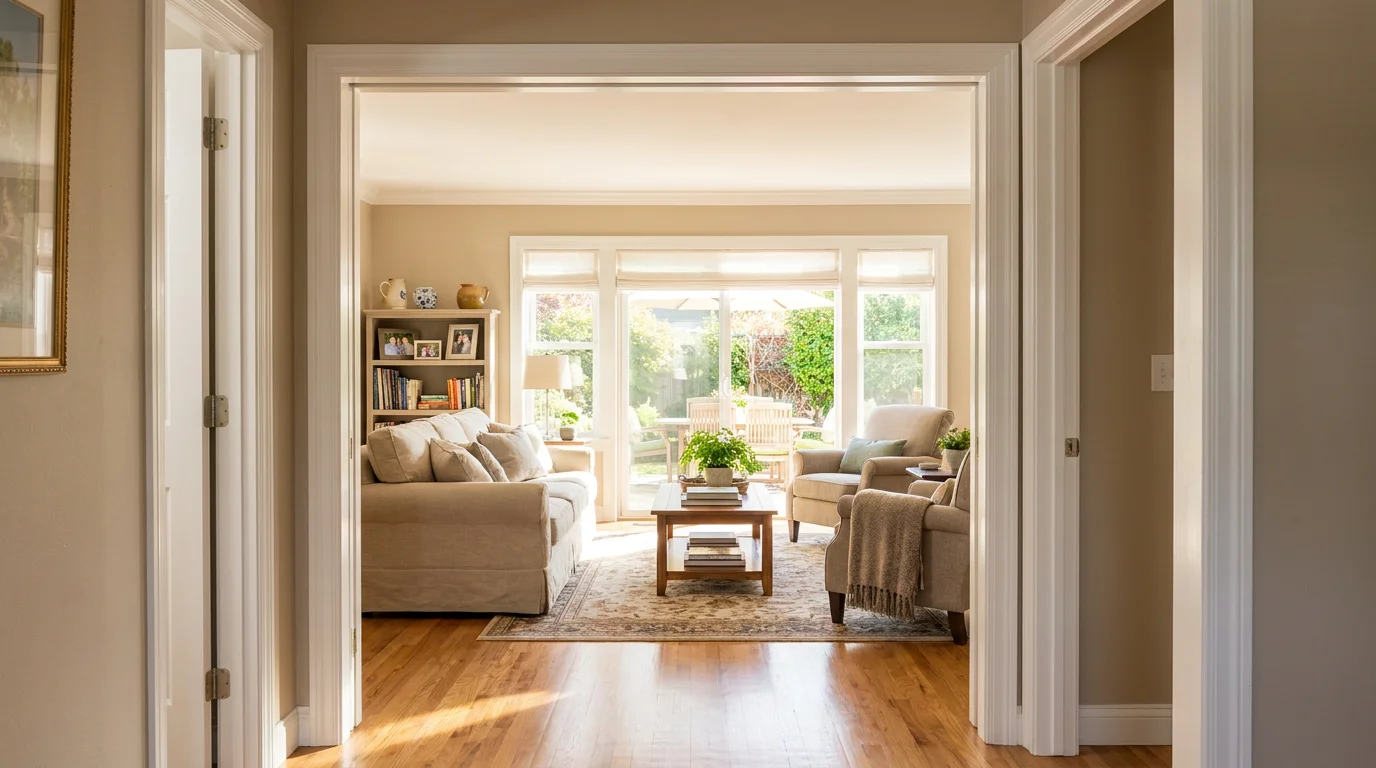 Sunlit living room in a North Carolina rental home with a beige sofa, armchair, and hardwood floors, viewed from the entry hallway