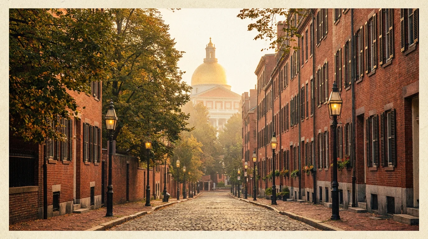 Beacon Hill cobblestone street in Boston at golden hour with brick rowhouses, gas lamps, and the gold-domed Massachusetts State House in the background