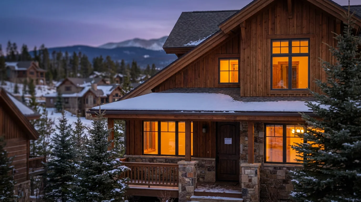Colorado mountain-town rental cabin at dusk with warm-lit windows, a snow-covered yard, and pine trees, with mountains in the background