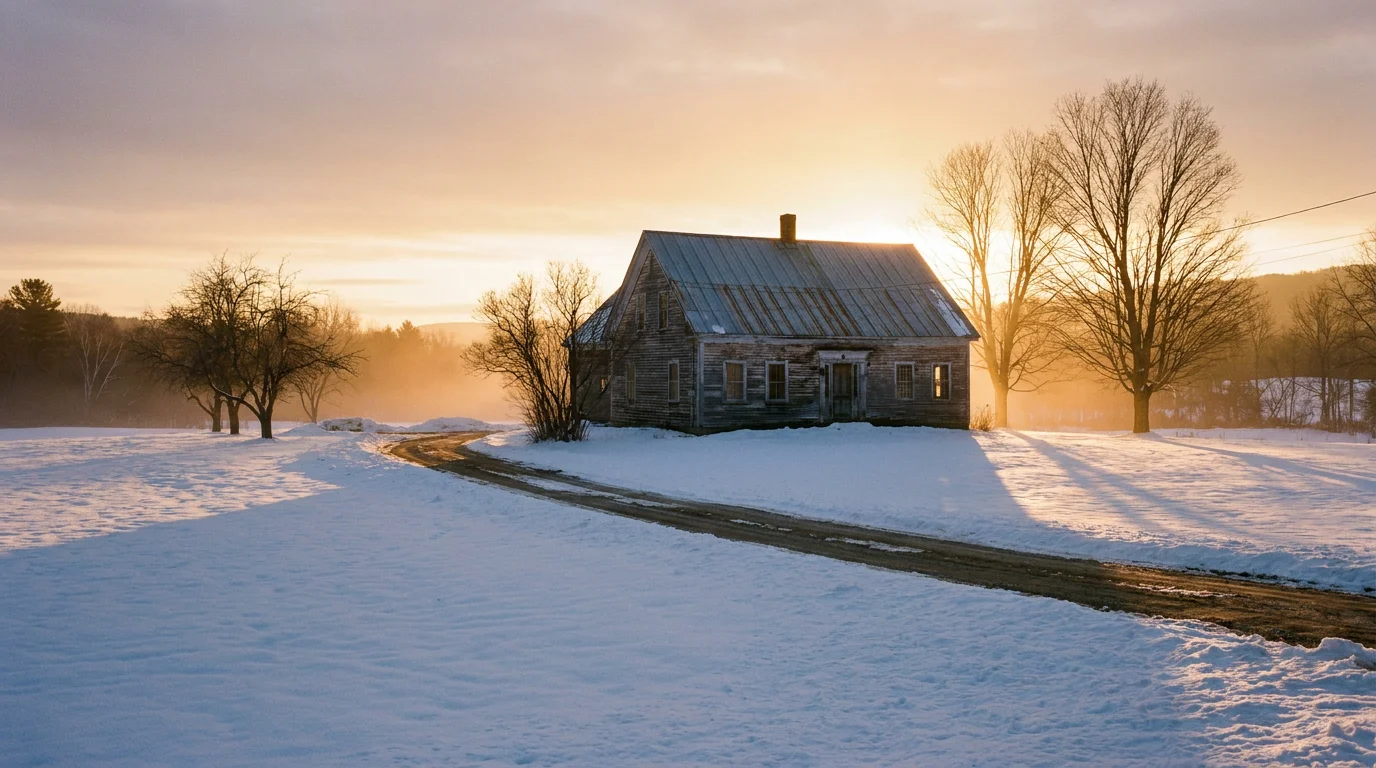 Rustic Vermont farmhouse in a snowy field at golden hour with bare winter trees and a dirt driveway, warm light glowing in the windows