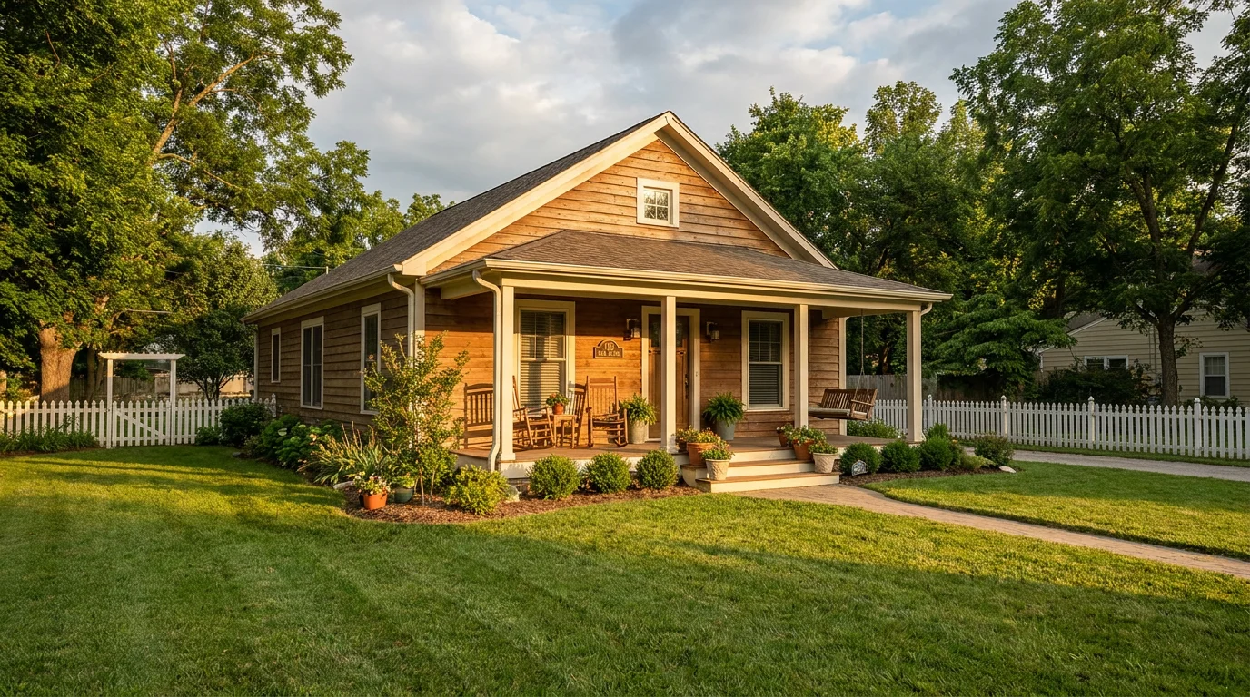 Cozy Washington craftsman bungalow rental with a covered front porch, rocking chairs, potted flowers, and a white picket fence at golden hour