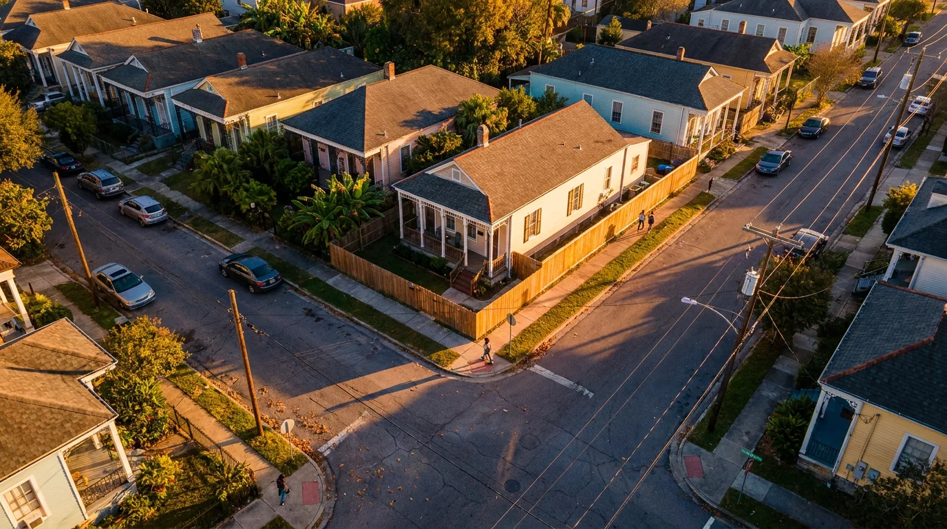 Aerial view of a New Orleans residential neighborhood at golden hour with shotgun-style houses and porch cottages lining tree-shaded street blocks