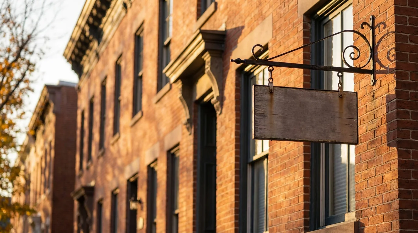 Row of historic brick rowhouses on a Washington DC street at golden hour
