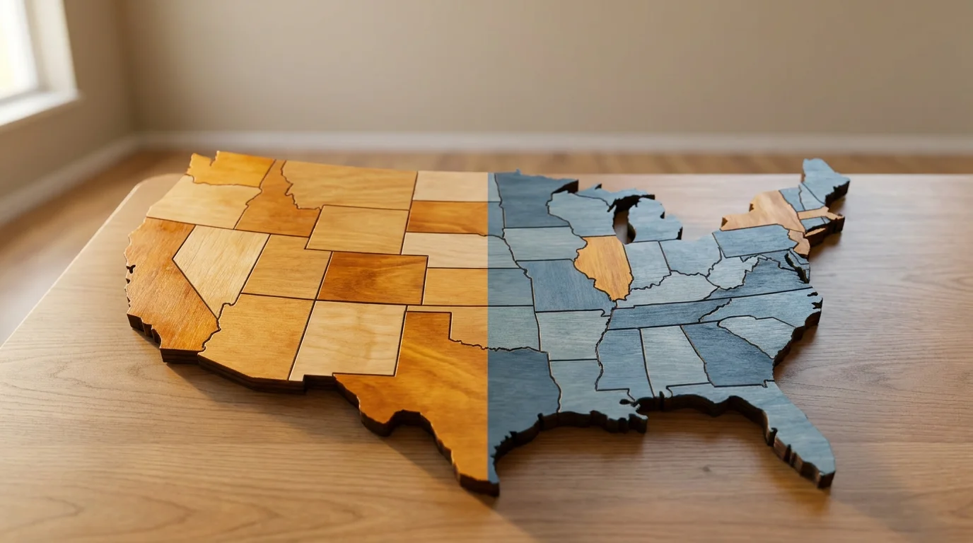 Wooden puzzle map of the United States on a table, western states in warm natural wood and eastern states tinted blue, representing property tax rates that vary by state