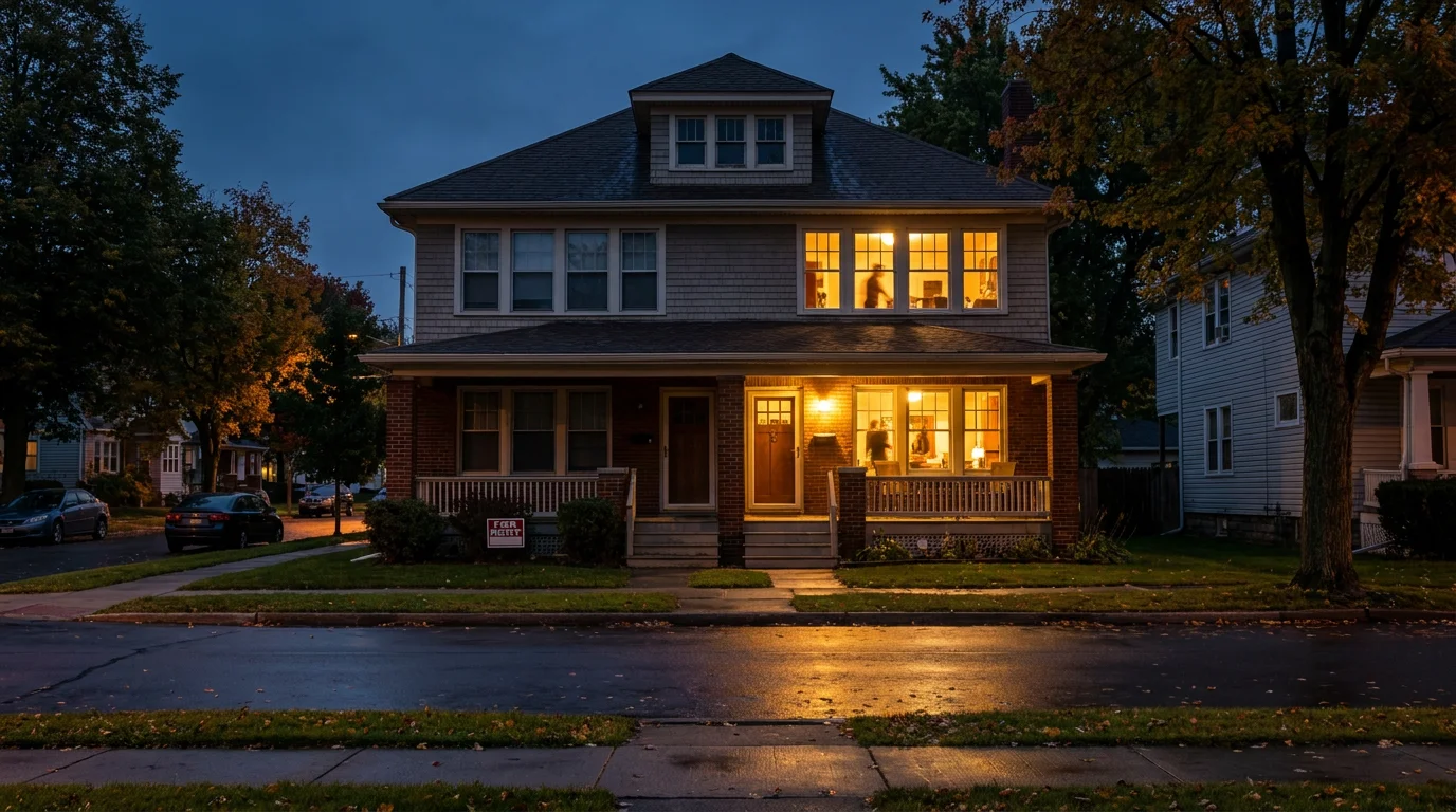A warmly lit two-story American foursquare home with a front porch at dusk on a quiet Rochester, New York residential street
