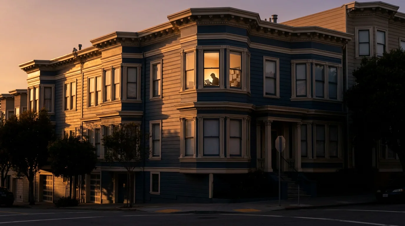A blue and cream Victorian corner apartment building with bay windows at golden hour in San Francisco, a resident visible in a lit upstairs window
