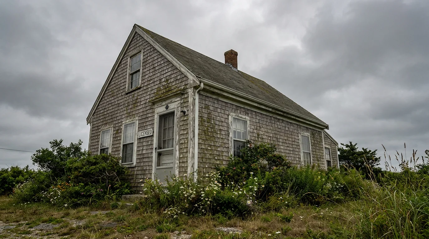 A weathered cedar-shingle New England cape cottage under an overcast sky in New Hampshire, with a small Licensed sign by the front door