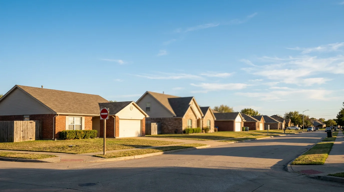 A quiet Fort Worth suburban street of single-family brick homes under a clear blue sky, with a red no-entry sign at the corner