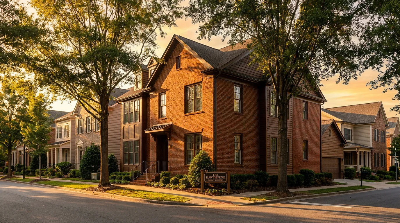 A brick uptown Charlotte, North Carolina townhome offered as a short-term rental, with the city skyline in the background