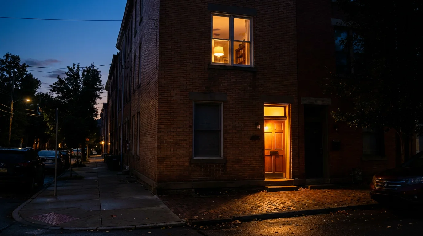 A brick rowhouse on a Pittsburgh hillside street offered as a short-term rental, with the downtown skyline and river in the background
