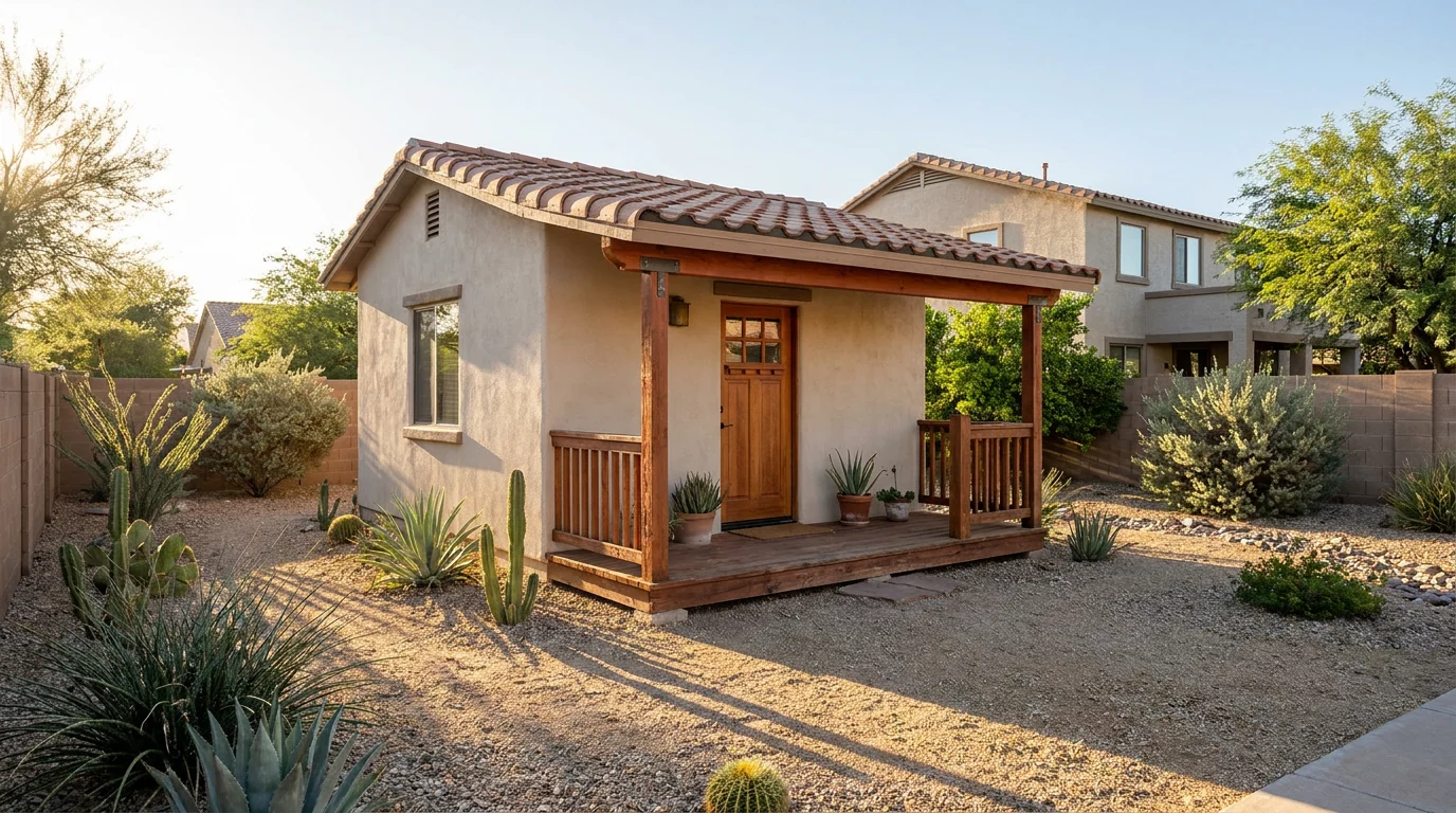 A detached backyard accessory dwelling unit behind a Texas single-family home
