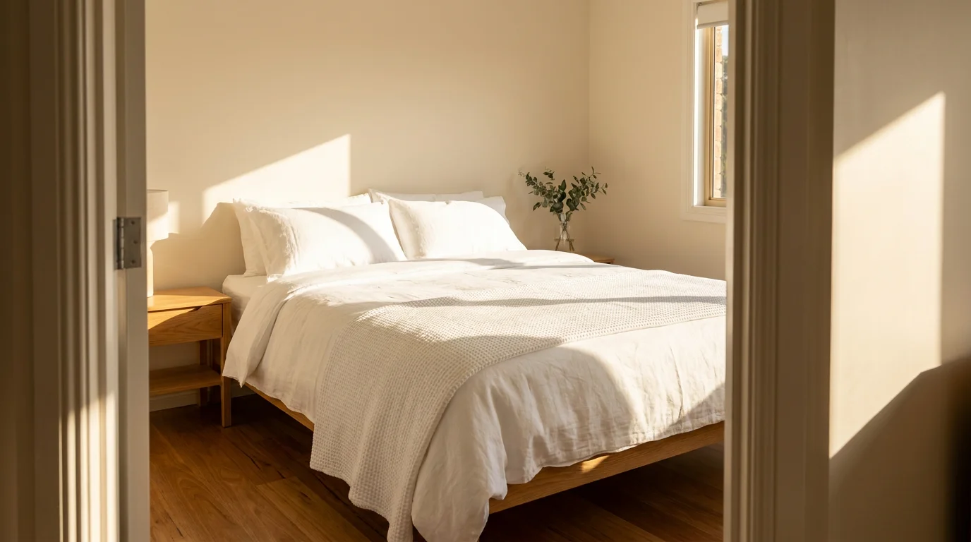 A sunlit bedroom with white bedding and a wood bed frame styled for a short-term rental guest