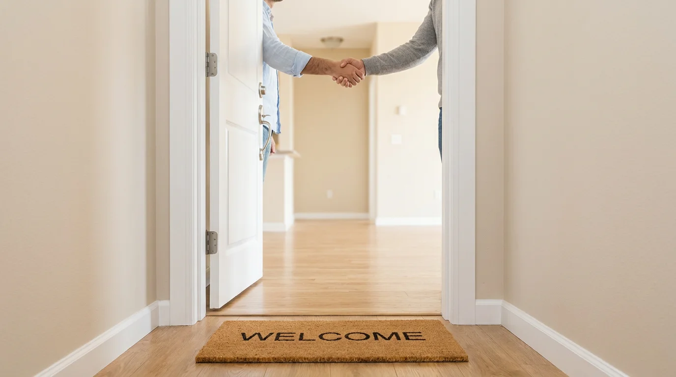 A landlord and tenant shaking hands in the doorway of a rental home above a Welcome mat