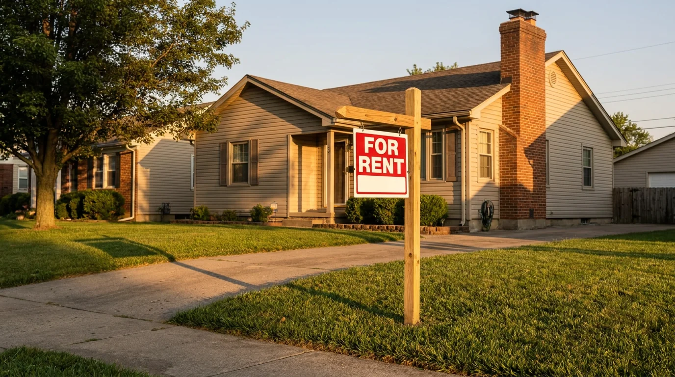 A single-family rental home in Tennessee with a For Rent sign in the front yard