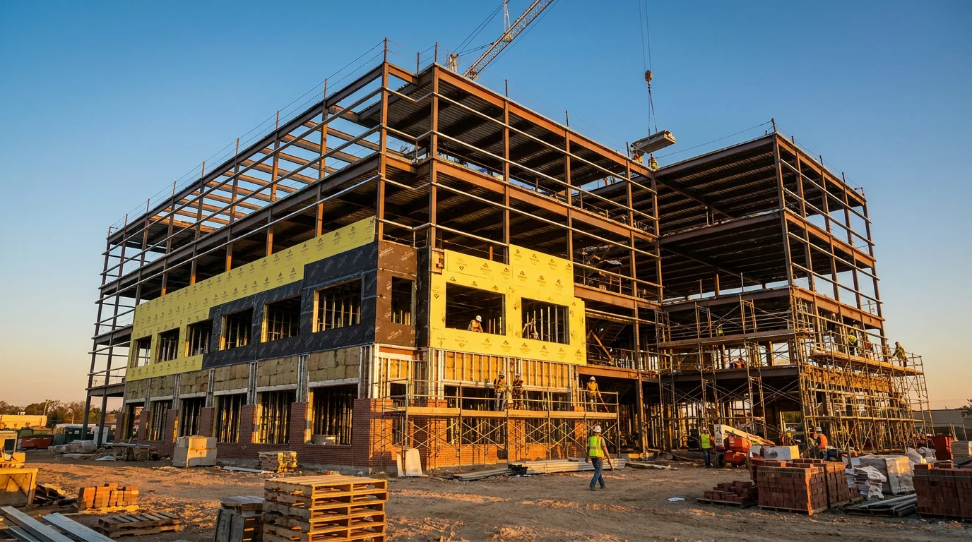 A commercial building under construction with workers, a common setting for additional insured requirements