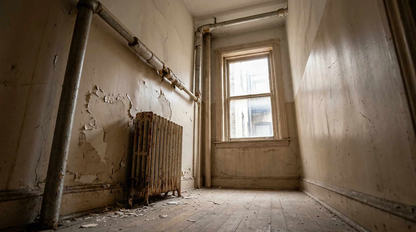 A run-down rental room with peeling paint and an old radiator, illustrating habitability problems Indiana landlords must fix