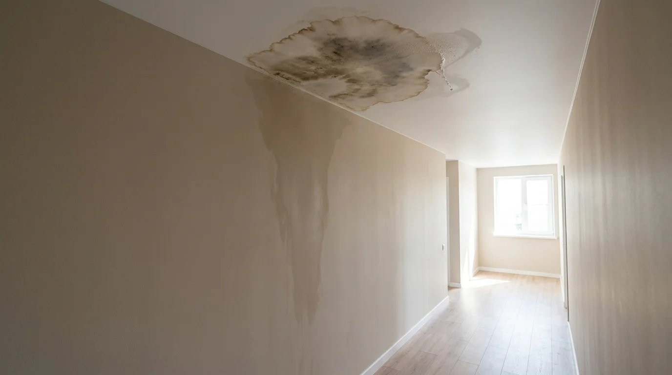Water damage and a spreading mold stain on the ceiling of an empty rental unit, a condition that can breach the implied warranty of habitability