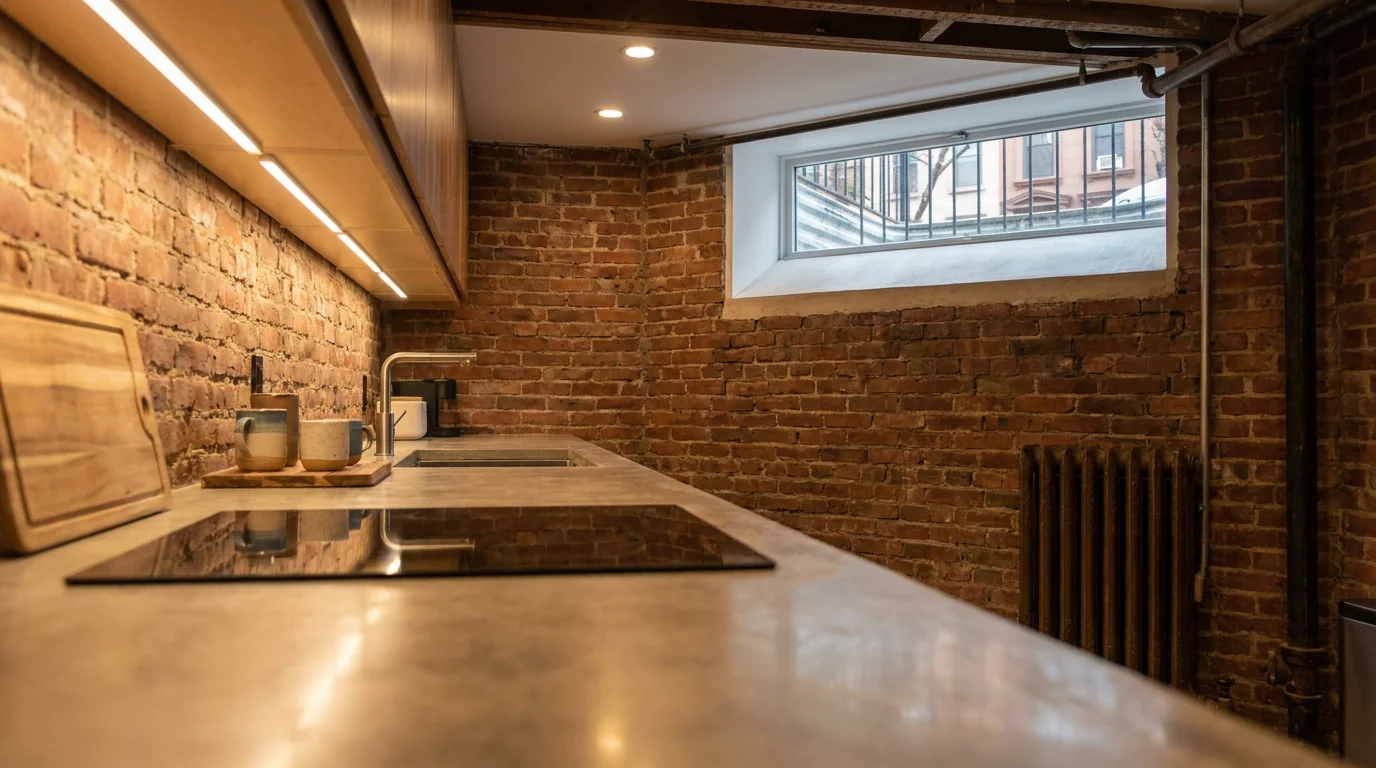 A finished basement accessory dwelling unit kitchen in a New York City home with exposed brick walls, a below-grade egress window with security bars, a radiator, and a modern countertop