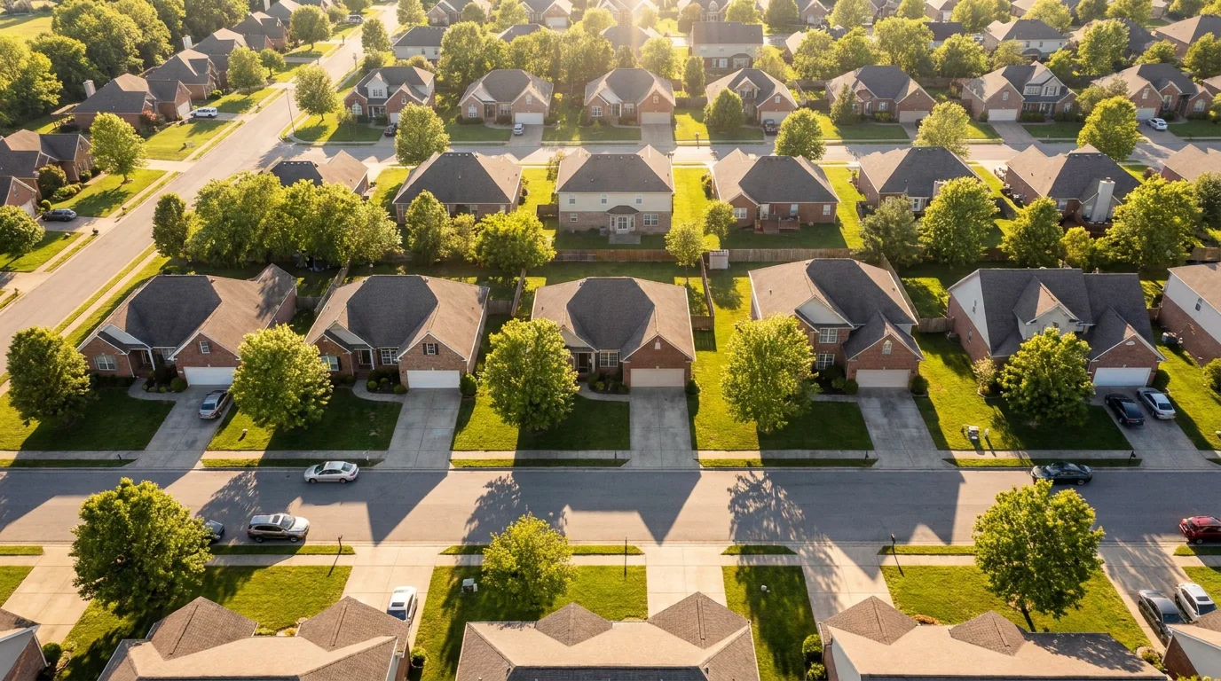 Aerial view of a Maryland suburban homeowners association community with rows of similar brick single-family houses on manicured lots