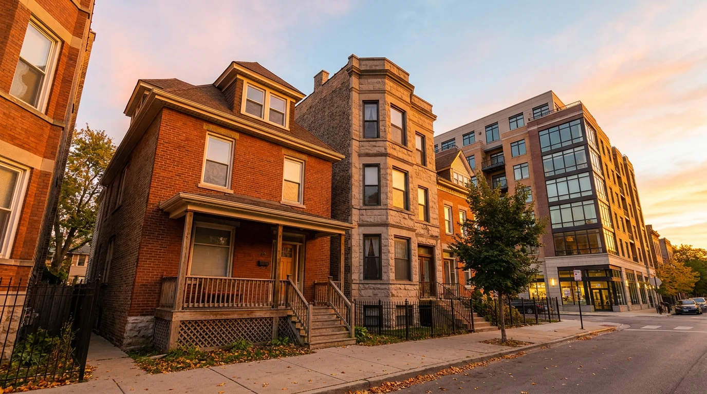 A Jersey City residential street at sunset showing a detached single-family brick home, a brownstone row house, and a mixed-use multi-family building with ground-floor retail side by side, illustrating different residential zoning districts