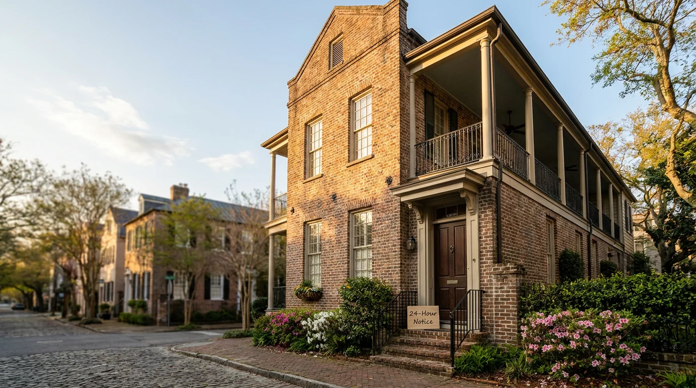 A historic Charleston-style brick rental home with double side porches on a cobblestone South Carolina street, with a small 24-hour notice sign on the front steps