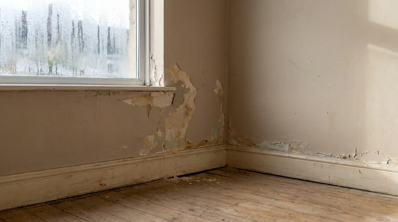 A worn rental room in a Pennsylvania home with peeling paint and moisture damage below a condensation-covered window, illustrating habitability and repair issues tenants have a right to have addressed