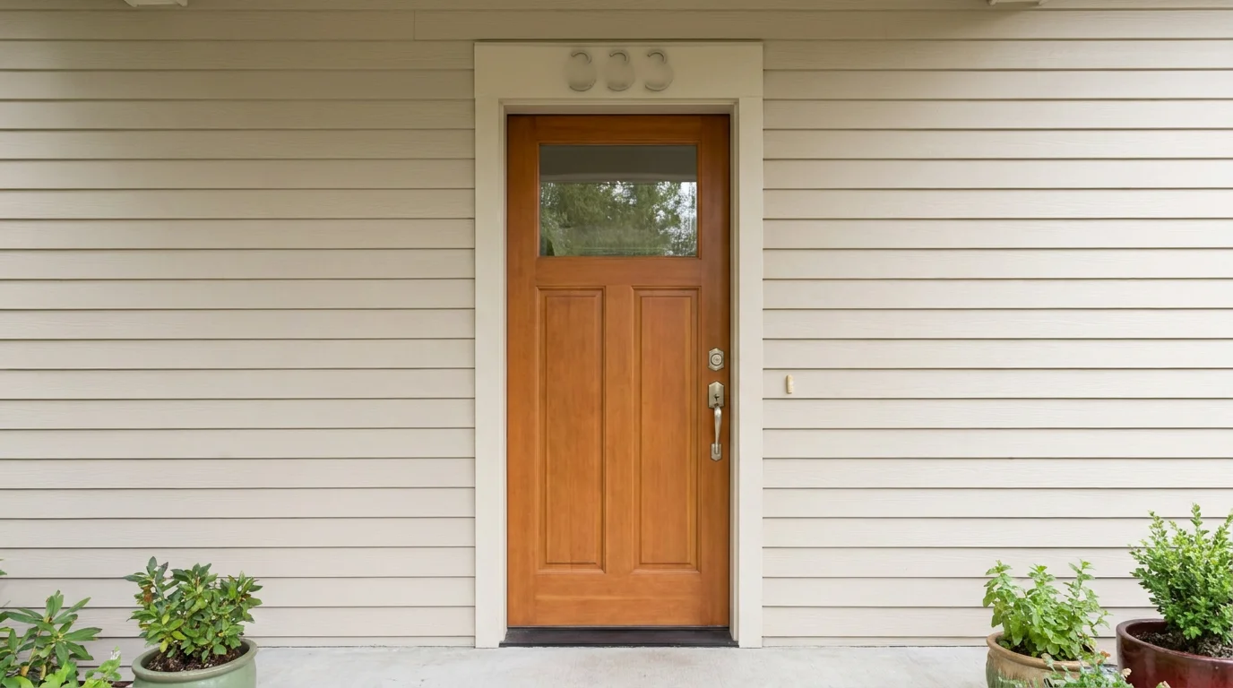 The front entrance of a Washington rental home with pale lap siding, a wood door with a deadbolt and handle, and potted plants on the porch