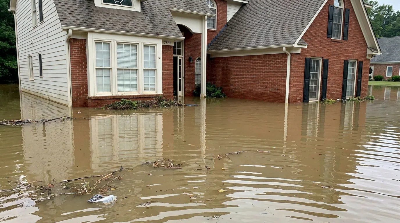 A two-story brick and lap-siding rental home with muddy floodwater covering the yard and rising to the first-floor windows and foundation