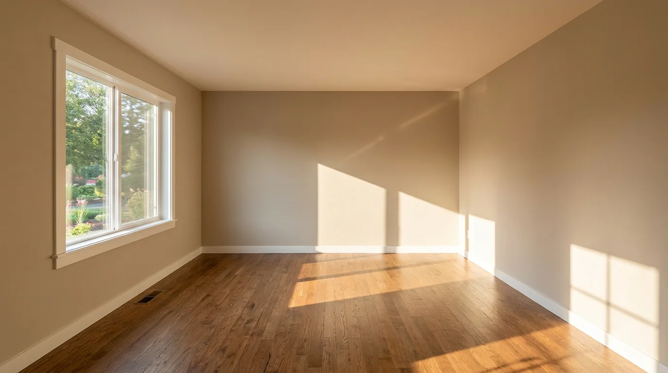 An empty rental room with polished hardwood floors and neutral walls, sunlight coming through a window, ready for a new tenant