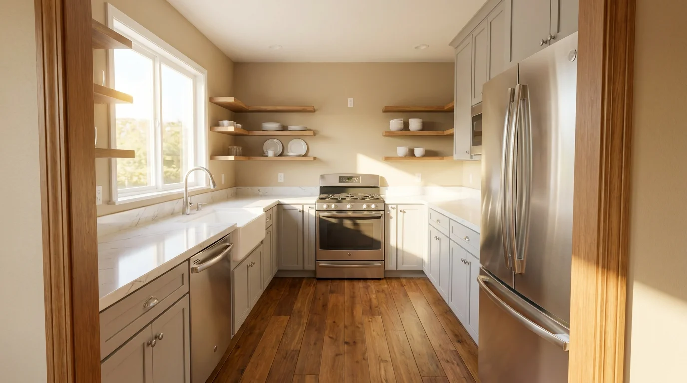 A clean, sunlit rental-home kitchen with white cabinets, stainless steel appliances, and hardwood floors, ready to show to prospective tenants