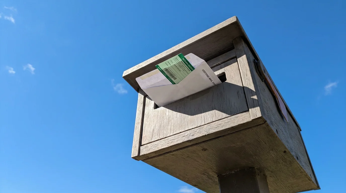 A certified mail envelope with a green return-receipt label tucked into a wooden mailbox against a blue sky, the delivery method Kansas landlords use to serve a rent-increase notice