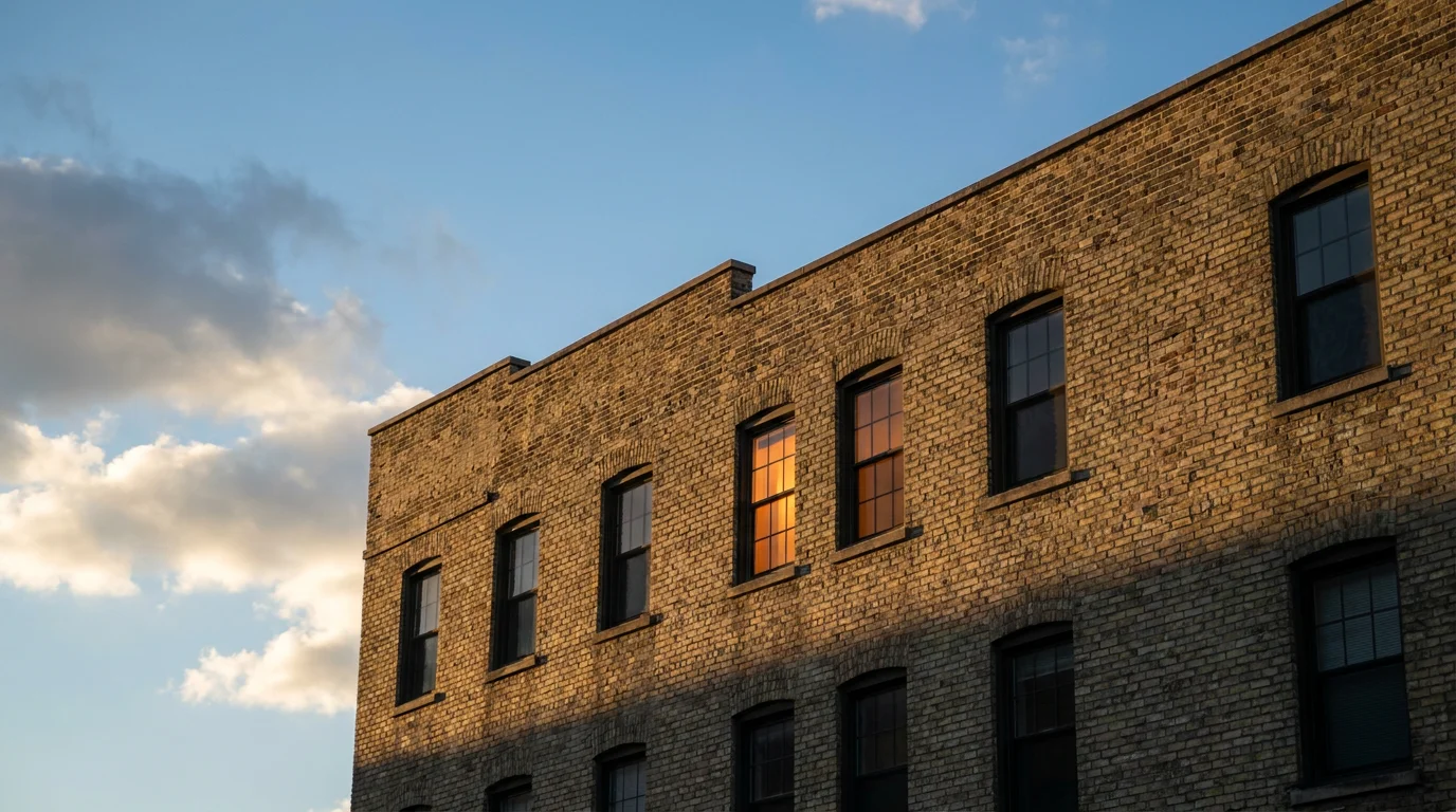 A classic Philadelphia brick rowhouse apartment building with tall double-hung windows lit by golden-hour sun against a blue sky